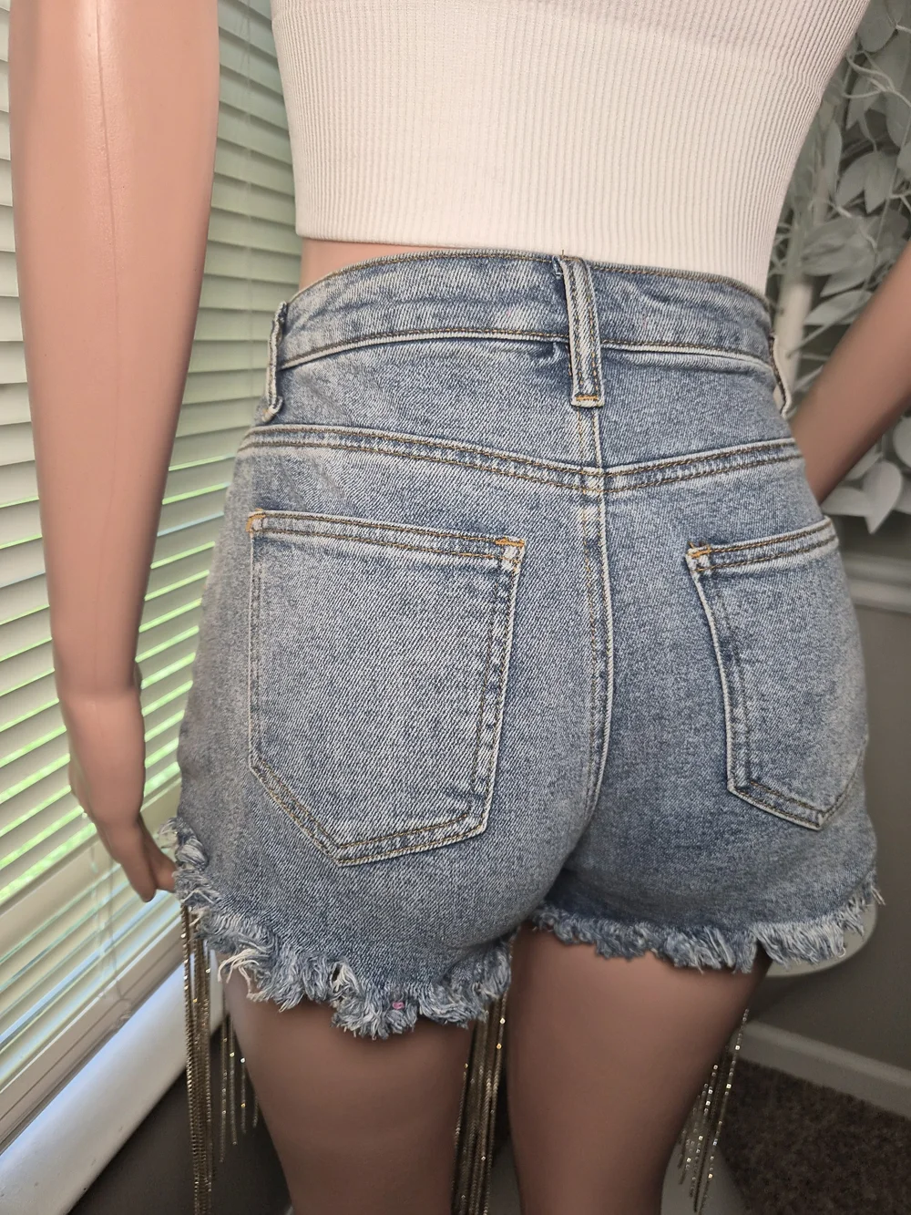 Denim Fringe Chain Cutoff Shorts - Light Blue